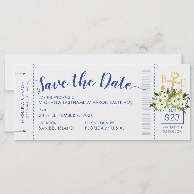 Nautical Cruise Wedding Boarding Pass Save Date Announcement (Front)