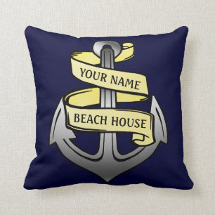 Nautical Custom Beach House Anchor with Name Throw Pillow