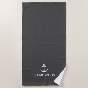 Nautical Custom Boat Name anchor charcoal grey Beach Towel