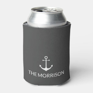 Nautical Custom Boat Name anchor charcoal grey Can Cooler