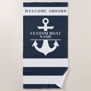 Nautical Custom Boat Name Anchor Navy Striped  Beach Towel