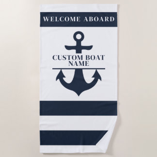 Nautical Custom Boat Name Anchor Navy Striped  Beach Towel