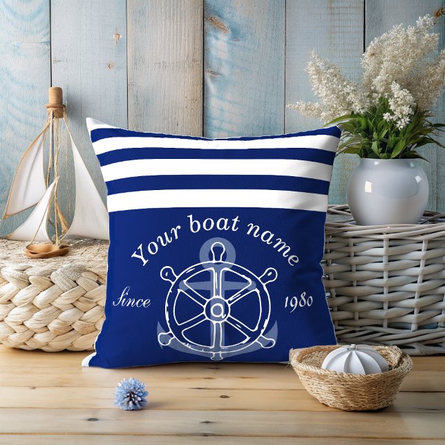 Nautical Custom Boat Name Anchor Wheel Navy Blue  Throw Pillow (Creator Uploaded)