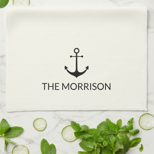 Nautical Custom Boat Name black anchor ivory Kitchen Towel (Folded)