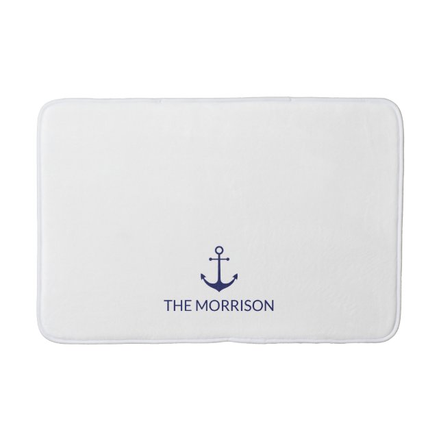 Nautical Custom Boat Name navy blue anchor white Bath Mat (Front)