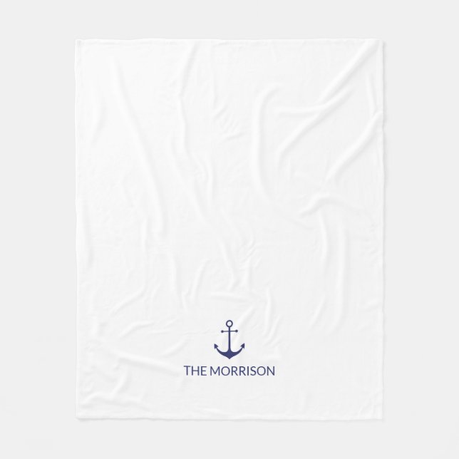 Nautical Custom Boat Name navy blue anchor white Fleece Blanket (Front)