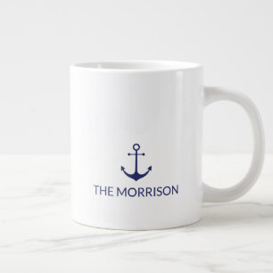 Nautical Custom Boat Name navy blue anchor white Large Coffee Mug
