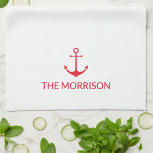 Nautical Custom Boat Name red anchor white Kitchen Towel
