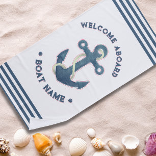 Nautical Custom boat name welcome aboard anchor Beach Towel