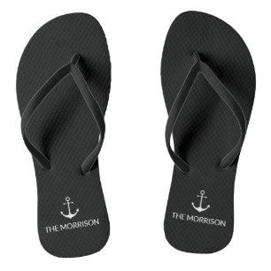 Nautical Custom Boat Name white anchor black Flip Flops