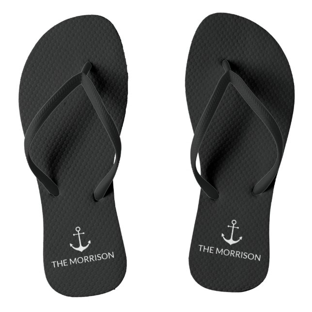 Nautical Custom Boat Name white anchor black Flip Flops (Footbed)