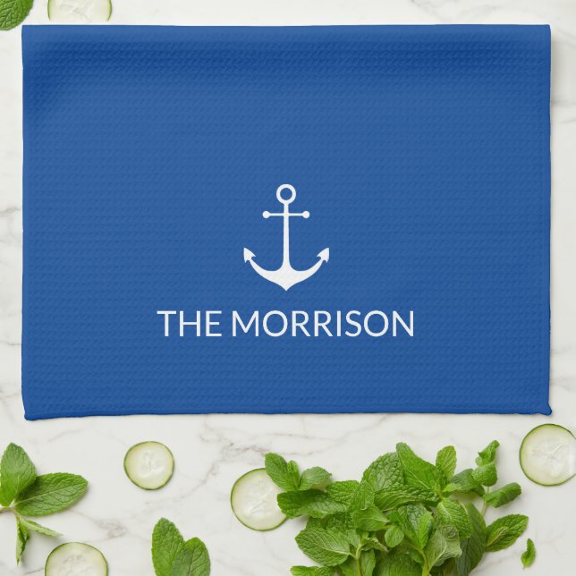 Nautical Custom Boat Name white anchor blue Kitchen Towel (Folded)