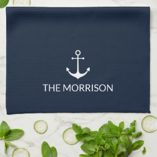 Nautical Custom Boat Name white anchor dark navy Kitchen Towel