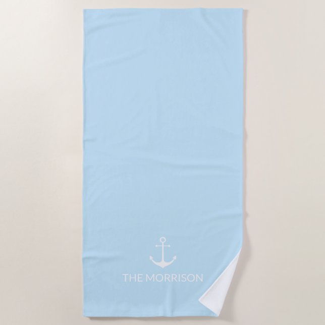Nautical Custom Boat Name white anchor light blue Beach Towel (Front)