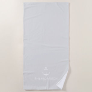 Nautical Custom Boat Name white anchor pale grey Beach Towel