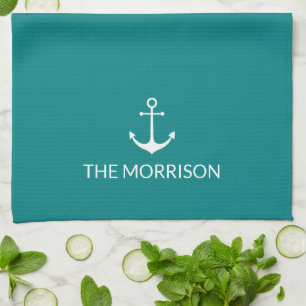Nautical Custom Boat Name white anchor teal Kitchen Towel