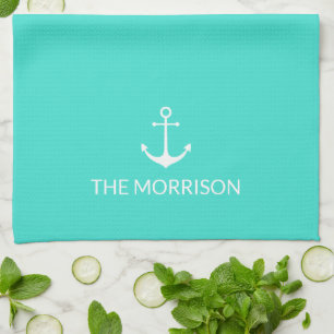 Nautical Custom Boat Name white anchor turquoise Kitchen Towel