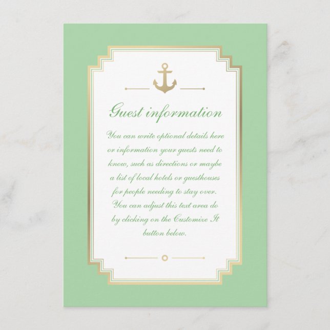 Nautical Custom Mint White Wedding Insert Card (Front)
