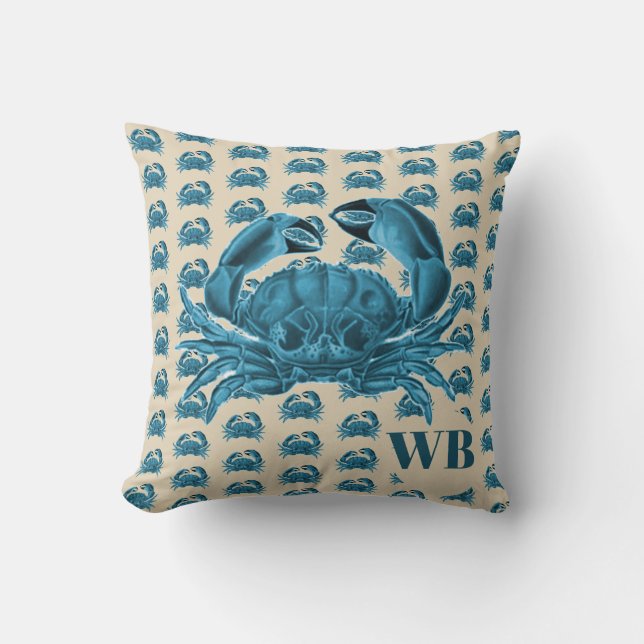 Nautical Custom Monogram Crab in Blue and Tan Throw Pillow (Front)