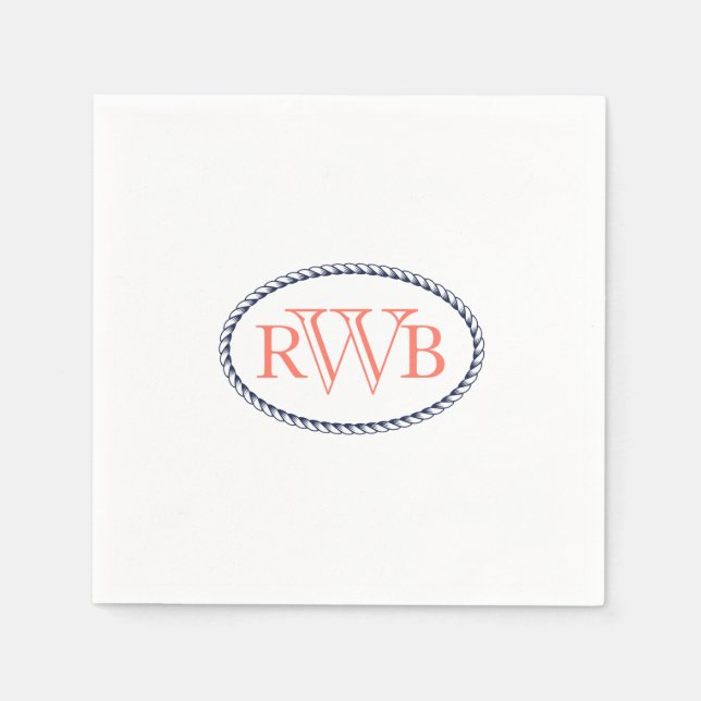 Nautical Custom Monogram Navy Blue/Coral Napkin (Front)
