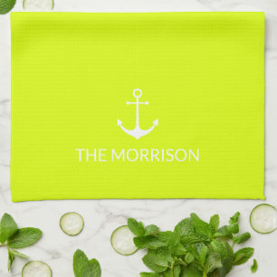 Nautical Custom Name anchor chartreuse lime green Kitchen Towel