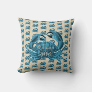 Nautical Custom Name Crab in Blue and Tan Throw Pillow