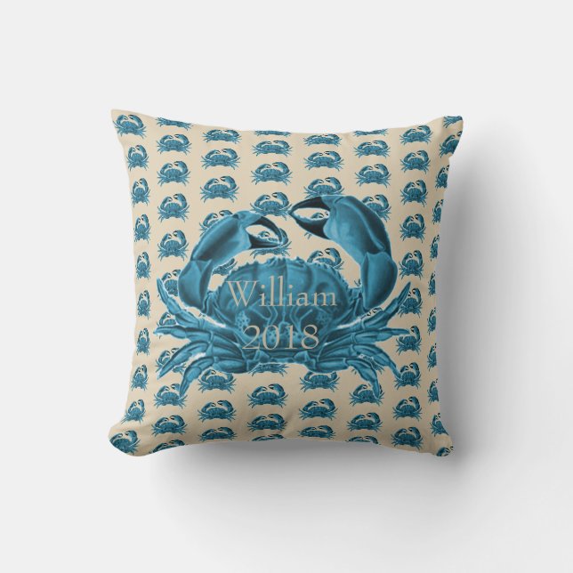 Nautical Custom Name Crab in Blue and Tan Throw Pillow (Front)