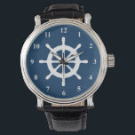 Nautical custom watch gift for men women and kids<br><div class="desc">Nautical custom watch gift for men women and kids. Maritime wrist watches with ship wheel logo and customizable background colour. Add your own name initials optionally. Cool Birthday gift idea for boat captain, sailor, first mate, sailor's wife, children (boy or girl), friend, dad, father, grandpa, wedding groom etc. White Boat...</div>