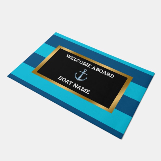 Nautical Customize Boat Name Anchor Navy Blue Doormat (Angled)