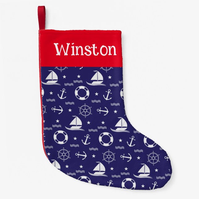 Nautical Customized Navy Blue Christmas Stocking (Front)
