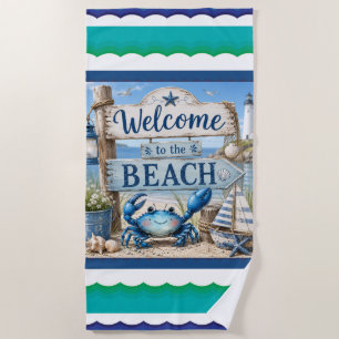 Nautical Cute Blue Crab & Coastal Lighthouse Beach Towel