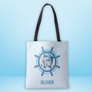 Nautical Cute Dolphin & Anchor in Ship Wheel  Tote Bag