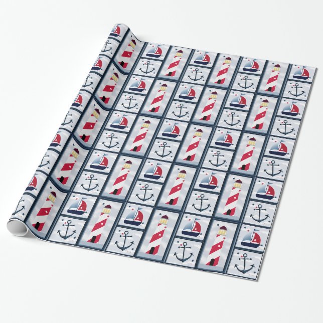 Nautical Cute Sailboat Lighthouse Anchor Design Wrapping Paper (Unrolled)