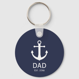 Nautical Dad Est. Year Blue and White Anchor Keychain