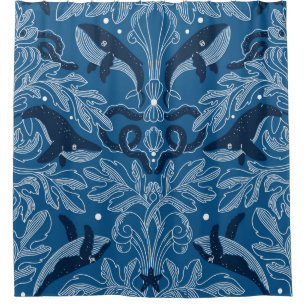 Nautical damask texture with whales, modern vintag