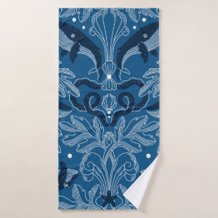 Nautical damask texture with whales, modern vintag bath towel