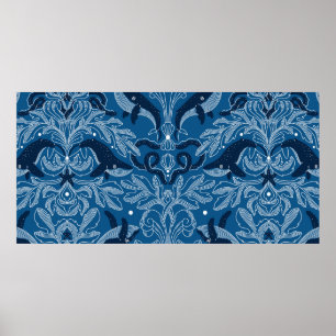 Nautical damask texture with whales, modern vintag poster
