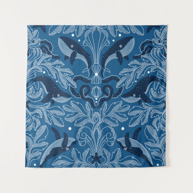 Nautical damask texture with whales, modern vintag tapestry (Front)
