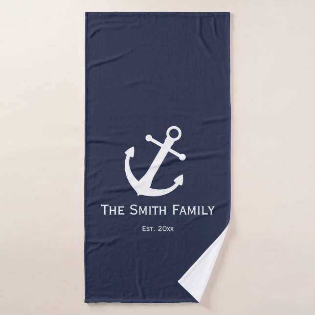 Nautical Dark Blue and White Name Anchor Bath Towel Set (Bath Towel)