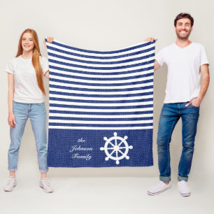 Nautical Dark Blue and White Stripes Fleece Blanket