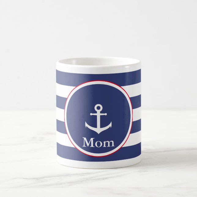 Nautical Dark Blue and White with Anchor for Mom Coffee Mug (Center)