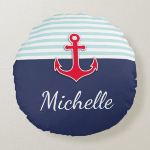 Nautical Dark Blue Personalized Text Design Round Pillow