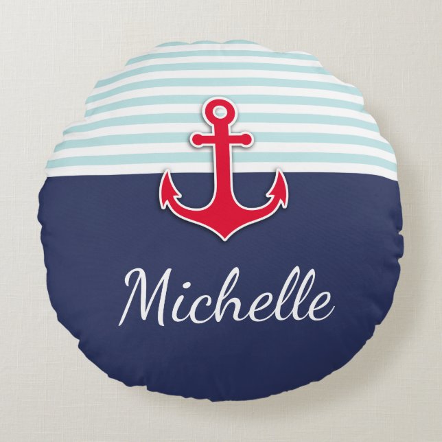 Nautical Dark Blue Personalized Text Design Round Pillow (Front)