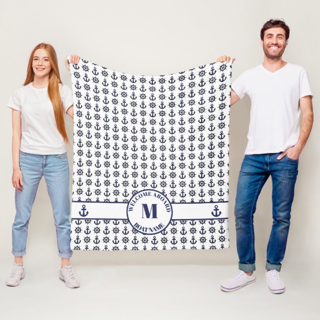 Nautical Dark Blue | White Ship Anchors | Wheels F Fleece Blanket (In Situ)