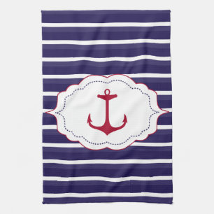 Nautical Dark Blue White Stripes Red Anchor Kitchen Towel