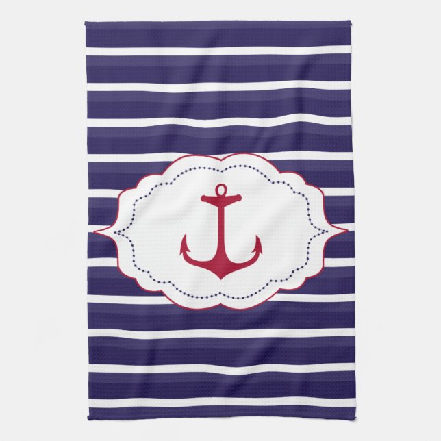 Nautical Dark Blue White Stripes Red Anchor Kitchen Towel (Vertical)