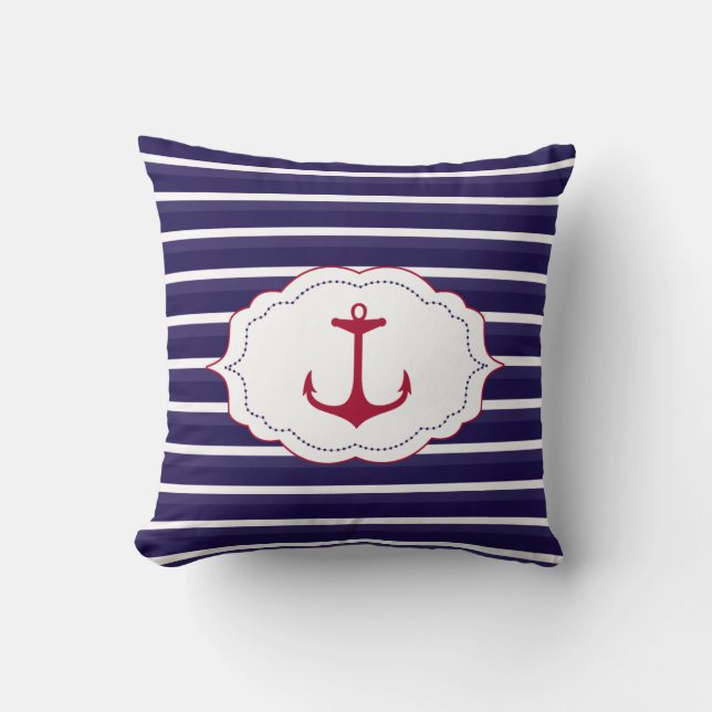 Nautical  Dark Blue  White Stripes Red Anchor Throw Pillow (Front)