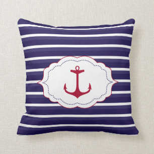 Nautical  Dark Blue  White Stripes Red Anchor Throw Pillow