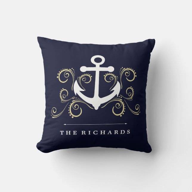 Nautical Dark Blue with Anchor and Gold Swirls Throw Pillow (Front)