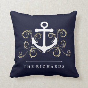 Nautical Dark Blue with Anchor and Gold Swirls Throw Pillow